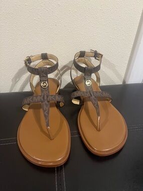 Michael Kors Brown MK Monogram T-Strap Sandals